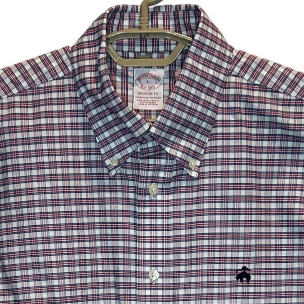 Brooks Brothers Button Down Large Mens Red White Blue Plaid Madison Fit Non-Iron